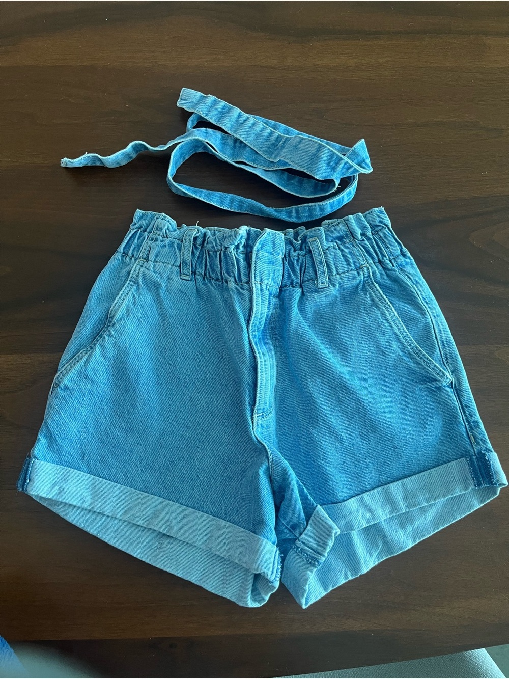 Garage Light Blue High-Waisted Paperbag Denim Shorts with Removable Belt